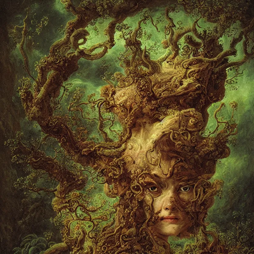 Prompt: a close - up rococo portrait of an futuristic alien elf - like creature covered in moss, mushrooms, and swamp. gloomy, 1 8 th century fantasy masterpiece painting by jean - honore fragonard, moebius, and johfra bosschart.