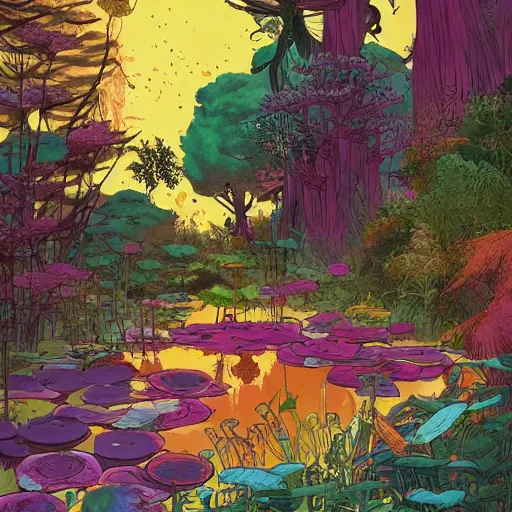 Prompt: a forest and the lily pond, that looks like it is from Borderlands, colorful, strong sunshine, high contrast, light and shadow, by Feng Zhu and Loish and Laurie Greasley, Victo Ngai, Andreas Rocha, John Harris