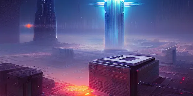 Image similar to giant glowing futuristic cubes in the sky, a cyberpunk dubai city seen in the distance, atmospheric lighting, intricate, volumetric lighting, beautiful, sharp focus, ultra detailed, in the art style of marc simonetti, bowater charlie and brom gerald, astrophotography