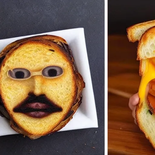 Prompt: a grilled cheese sandwich that looks like bernie sanders face