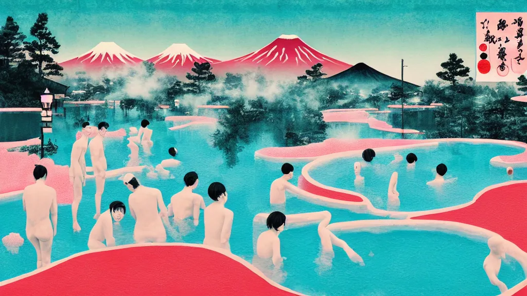 Image similar to japan natural hot spring, a collage painting, in the style of wes anderson, lola dupre, david hockney, isolated on negative white space background dark monochrome neon spraypaint accents volumetric octane render