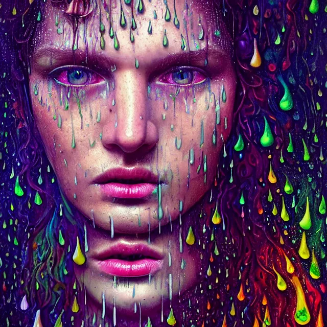 Image similar to bright portrait surrounded by psychedelic mushrooms with rain on face and wet hair, diffuse overhead lighting, fantasy, intricate, elegant, dramatic lighting, highly detailed, lifelike, photorealistic, digital painting, artstation, illustration, concept art, smooth, sharp focus, art by John Collier and Albert Aublet and Krenz Cushart and Artem Demura and Alphonse Mucha