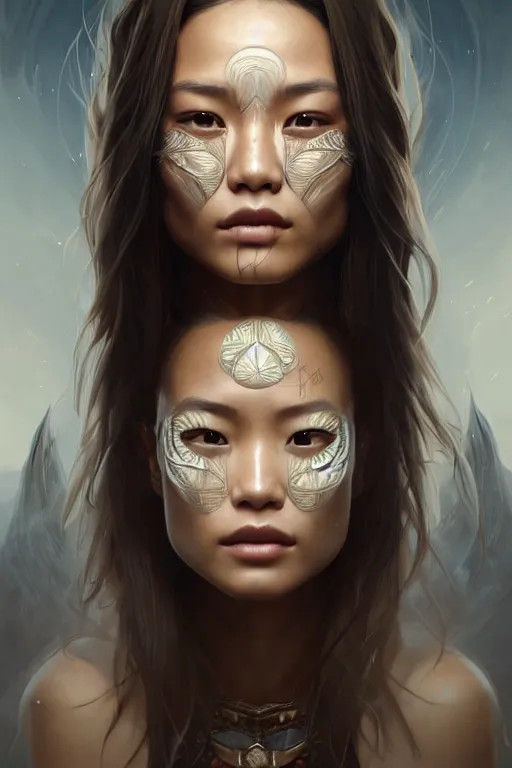 Image similar to symmetry!! portrait of jamie chung in the style of god of war, machine parts embedded into face, intricate, elegant, highly detailed, digital painting, artstation, concept art, smooth, sharp focus, illustration, art by artgerm and greg rutkowski and alphonse mucha, 8 k