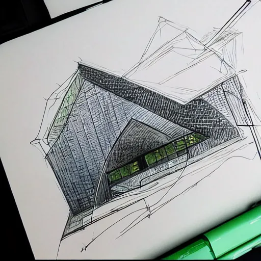 Prompt: a copic colour marker with black gel pen concept art of herzog & de meuron architecture