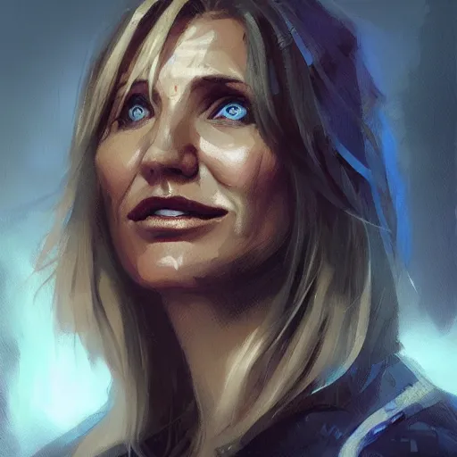 Prompt: A portrait of Cameron Diaz as a Thief, Magic the Gathering art, art by greg rutkowski, matte painting, trending on artstation