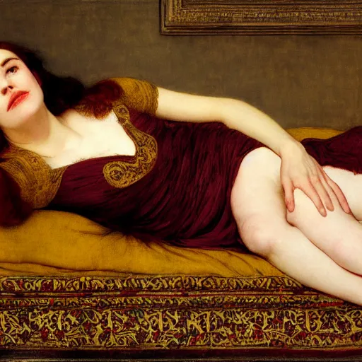 Prompt: portrait reclining on bed, hybrid of judy garland and camilla belle, aged 2 5, brown fringe, wide shot, yellow ochre ornate medieval dress, john william waterhouse, kilian eng, rosetti, john everett millais, william holman hunt, william morris, 4 k