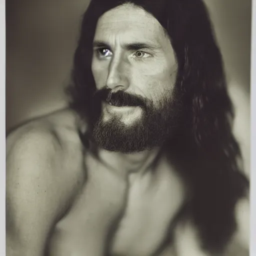 Prompt: Jesus moments after the DMT hallucinations began. Close-up studio portrait photo by Annie Leibovitz. Tri-x.