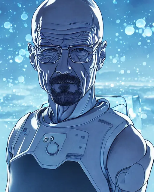 Image similar to portrait of walter white as a robot, cybernetic enhancements, art by makoto shinkai and alan bean, yukito kishiro