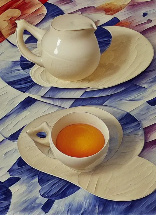 Image similar to Escher inspired teapot, designed by Rene Lalique, studio photography on a Leonid Afremov tablecloth, breakfast