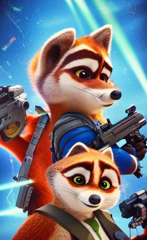 Image similar to “red racoon holding laser gun facing off with blue racoon holding laser gun, cinematic, dramatic in the style of zootopia”