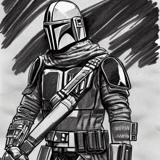 Prompt: mandalorian with atomic bomb explosion behind him, pencil sketch concept art