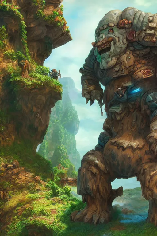 Image similar to zelda fantasy art giant golem troll wood rock greeble gemstone, global illumination ray tracing hdr fanart arstation by sung choi and eric pfeiffer and gabriel garza and casper konefal