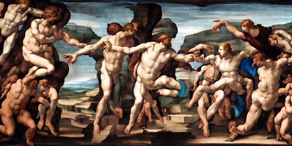 Image similar to creation of adam by michelangelo, cyborg and human, ultra detailed,