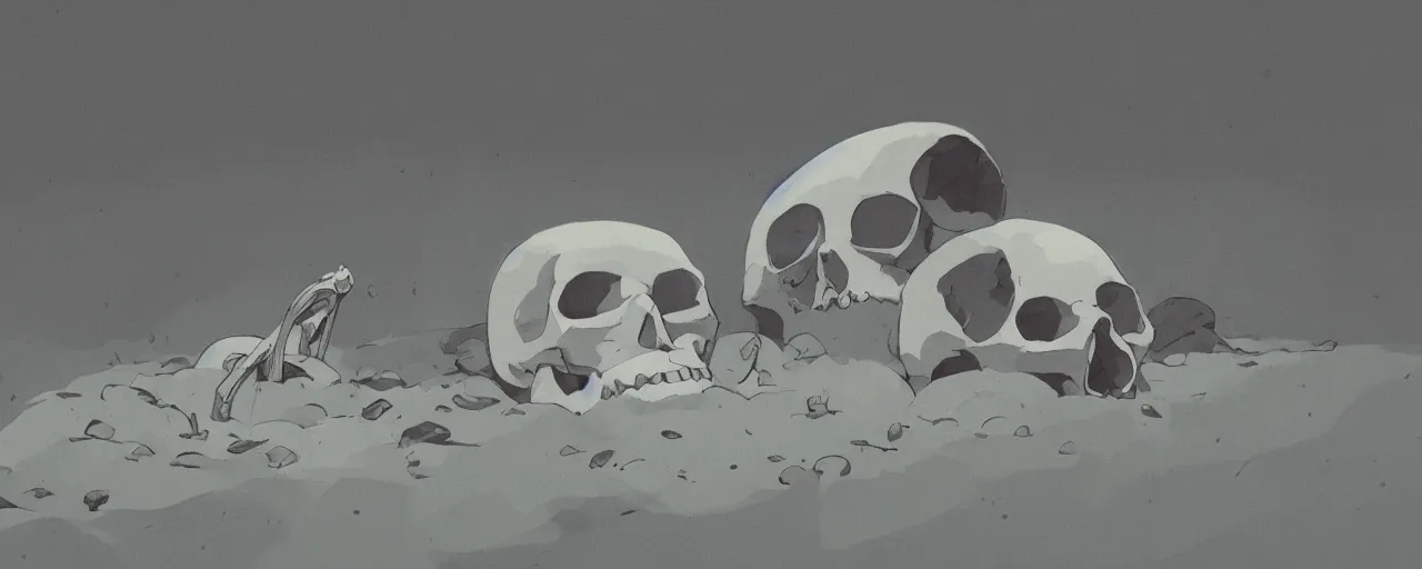 Image similar to seal bones and skull, in river mud, atey ghailan, goro fujita, studio ghibli, rim light, sad, very dark fading to black, clear focus, very coherent