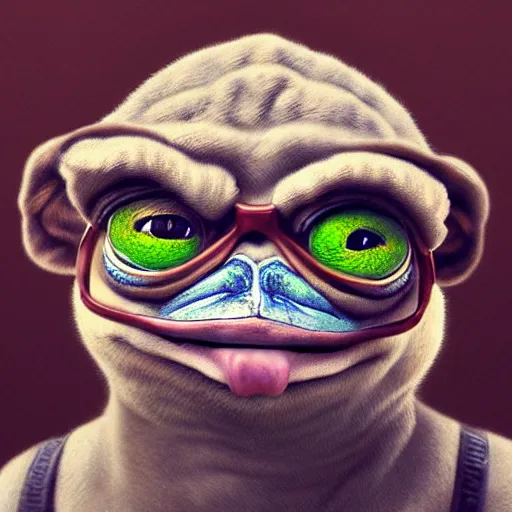 Image similar to portrait of realistic pepe with brown shit on face, concept art, trending on artstation, highly detailed, intricate, sharp focus, digital art, 8 k