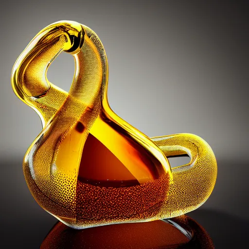 Image similar to klein bottle filled with honey surrounded by dark water with floating flower petals, octane render, trending on artstation, product photography