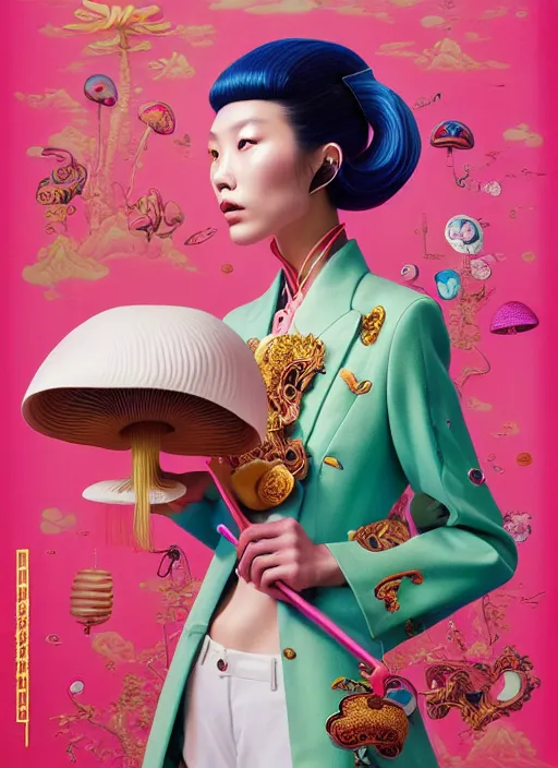 Image similar to pretty chinese model with futuristic mushroom : : by martine johanna and simon stalenhag and chie yoshii and casey weldon and wlop : : ornate, dynamic, particulate, rich colors, intricate, elegant, highly detailed, vogue, harper's bazaar art, fashion magazine, smooth, sharp focus, 8 k, octane render,