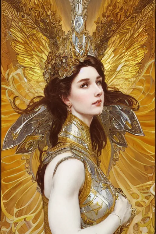 Prompt: full body portrait of a queen wearing white armor with ornate bronze and gold, white gossamer wings, art nouveau, profile, 4K, character concept art, oil painting, trending in artstation, cgsociety, by nekro, Alphonse Mucha, Brom, Artgerm