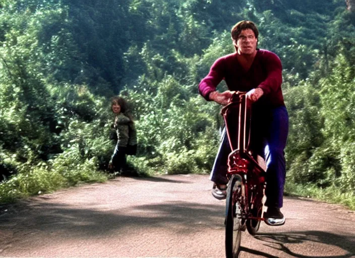 Prompt: film still of thanos riding a small childrens bike down a steep mountain road in the goonies 1 9 8 5