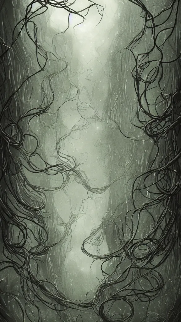 Prompt: long thick vines everywhere, fantasy art, art station, grey background,