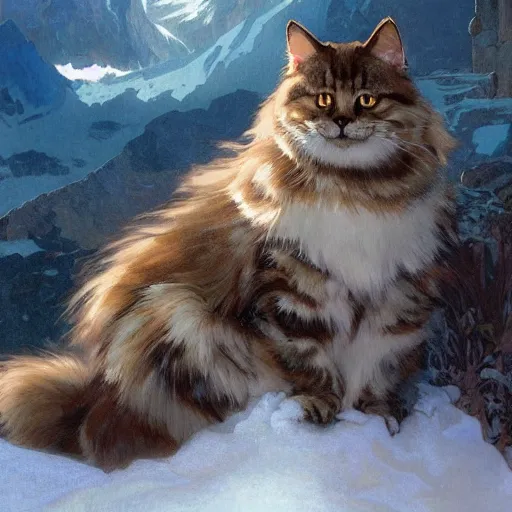 Image similar to Concept art, A shiny Siberian cat sitting by snow mountains, 8k, alphonse mucha, james gurney, greg rutkowski, john howe, artstation
