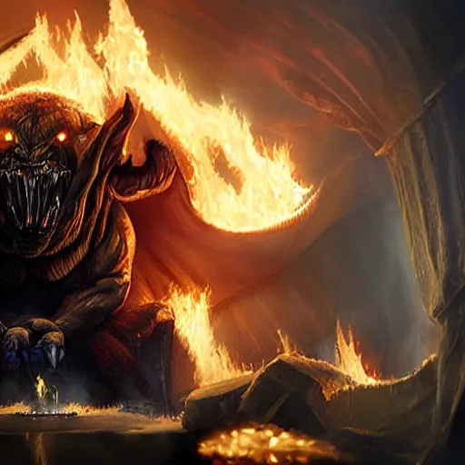 Image similar to balrog from lord of the rings sitting inside an office while it is burning