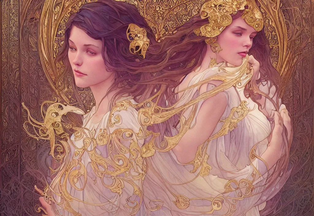 Prompt: angel, highly detailed, very intricate, art nouveau, gold filigree, romantic storybook fantasy, soft cinematic lighting, award - winning, disney concept art watercolor illustration by mandy jurgens and alphonse mucha and alena aenami, pastel color palette, featured on artstation