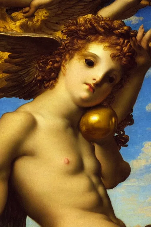 Prompt: Fallen angel by Alexandre Cabanel, face, closeup, ultra detailed, made in gold, Guido Reni style