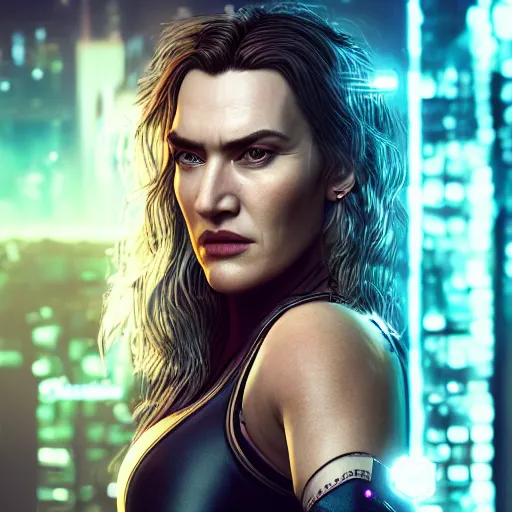 Image similar to kate winslet portrait, cyberpunk 2 0 7 7, cyberpunk judy alvarez, photorealistic, ultra detailed, neon, octane, bokeh, cinematic lighting, cyber, cyberpunk city, studio quality, feature, scars, cyberface, 8 k