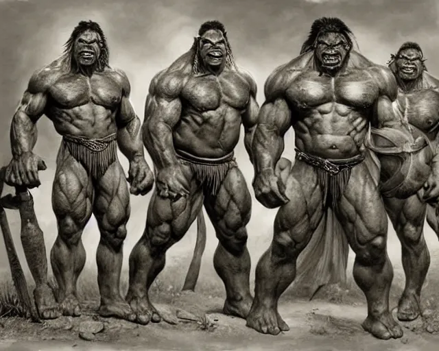 Prompt: hyper realistic group vintage photograph of a warrior orc tribe, tall, muscular, hulk like physique, tribal paint, tribal armor, highly detailed