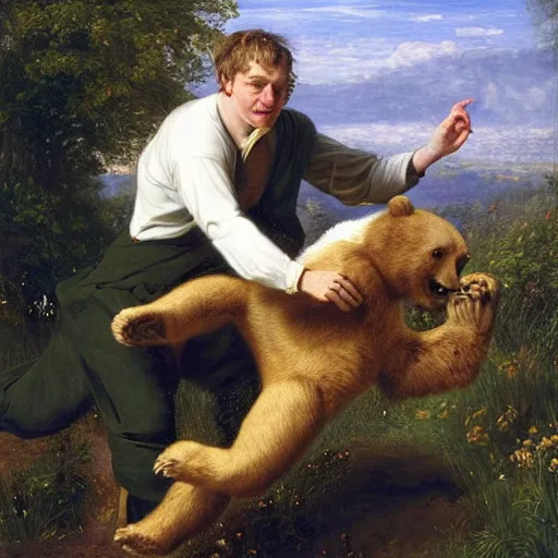 Image similar to stephen hawking fighting a bear by edward poynter