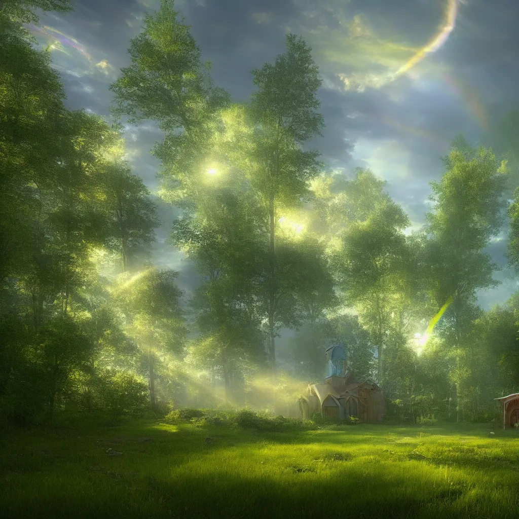 Image similar to iridescent chapel with a steeple in an old green courtyard meadow, gold and blue glow sparkles floating around in the air and sky, lush forest, ethereal, clouds, rainbows atmospheric, volumetric, greg rutkowski, photoreal, unreal engine, ray - tracing, film still, artstation, 8 k