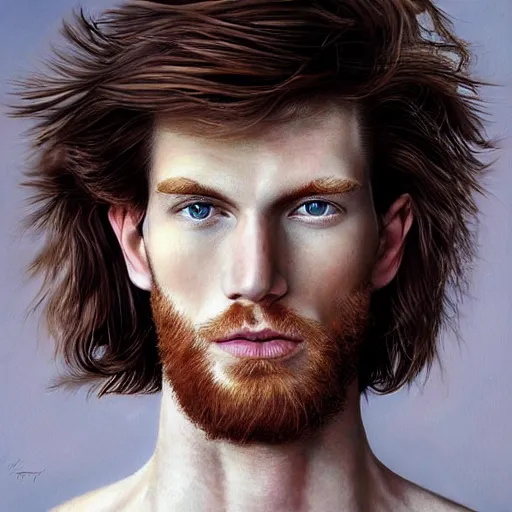 Prompt: 2 4 - year - old man, masculine face, hyper masculine features, very tall and muscular, extremely pale skin, square jaw, ginger hair, sapphire blue eyes, hyper realistic face, beautiful eyes, highly detailed, digital painting, smooth, sharp, strong face, expressive eyes, medium long wavy ginger hair, art by greg rutkowski and alex gray