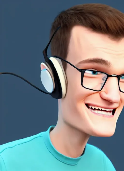 Prompt: vitalik buterin in headphones starring in pixar cartoon. vitalik buterin, medium shot, perfect symmetric face, coherent eyes, pixar cartoon style, beautiful smiling face, high detail, very sharp, 4 k