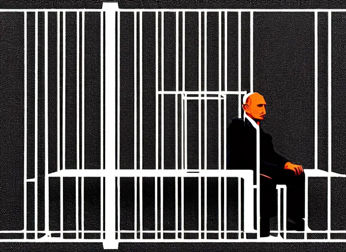 Image similar to Vladimir Putin as sad Keanu on a prison bench,behind bars, modern art deco, Mads Berg, Karolis Strautniekas,stippled light, dramatic lighting,fine texutre, editorial illustration,matte print, film noir, dark blue+dark orange+orange+beige+black+white,dynamic composition,moody, bauhaus