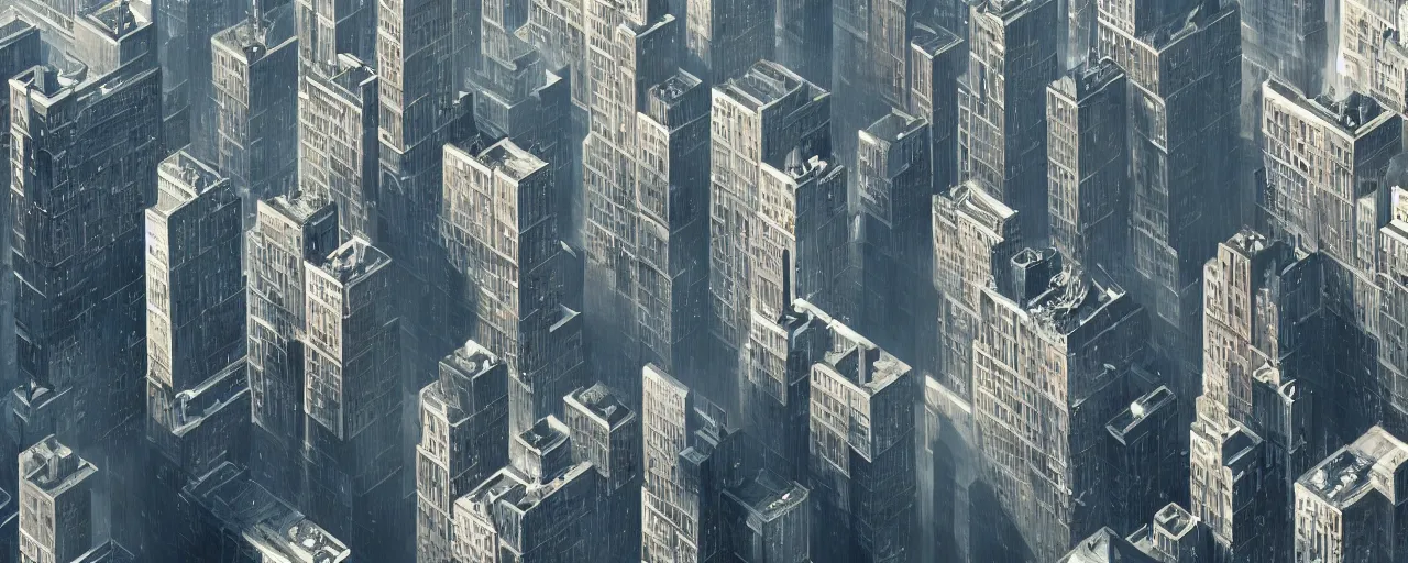 Image similar to new york city blocks. aerial. architecture. cinematic lighting. trending on artstation. cgsociety. art by greg rutkowski and william o'connor