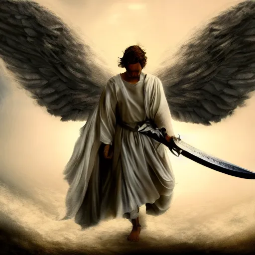 Prompt: angel with big bright white wings, coming down from the sky, holding sword in his arms, hyper realistic, 4 k