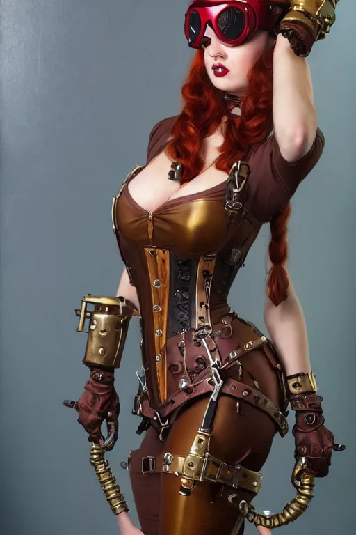 Prompt: Steampunk Pin-up girl, alluring, latina skin, red hair, long straight hair, fully armor, brass colored armor coat, brown corset, black skintight bodysuit underneath, gears, goggles on forehead, posing, trending on artstation, artstationHD, artstationHQ, acrylic painting, realistic
