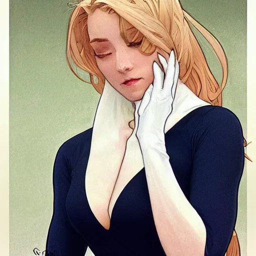 Prompt: a beautiful cartoon still portrait of a beautiful cute young woman shoulder - length blonde hair superhero wearing a tight solid matte navy blue lycra suit white cape white cowl white shoulders, intricate, elegant, 8 k, highly detailed, digital painting, concept art, smooth, sharp focus, illustration, by artgerm greg rutkowski alphonse mucha loish wlop