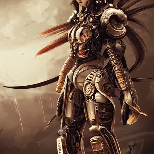 Prompt: Shakira as a samurai cyborg, mech, cyberpunk, intricate details, highly detailed, concept art. Art by Nivanh Chanthara