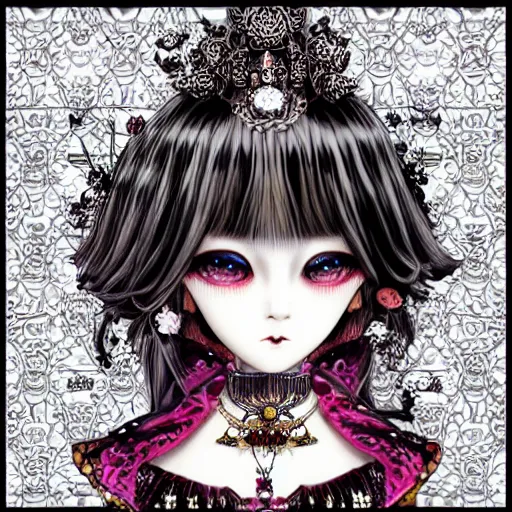 Image similar to baroque bedazzled gothic royalty frames surrounding a pixelsort emo demonic horrorcore japanese beautiful early computer graphics automaton doll, by guro manga artist Shintaro Kago