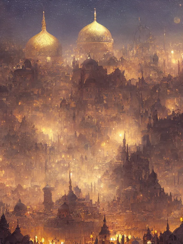 Prompt: a dome - covered city resembling ancient baghdad at night with the sky full of stars, intricate, elegant, highly detailed, digital painting, artstation, concept art, smooth, sharp focus, colored illustration for tattoo, art by krenz cushart and artem demura and alphonse mucha,