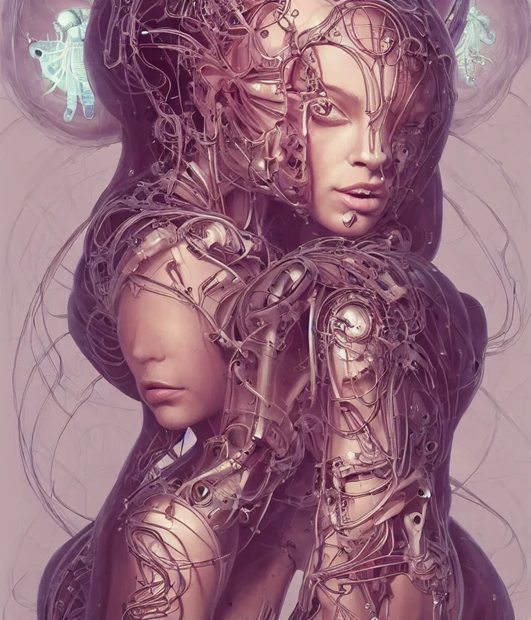 Image similar to fully symmetrical centered portrait of a beautiful princess in robe. artificial muscles, ribcage, bones, hard surface modelling. cyberpunk look. biomechanical mask. bio luminescent biomechanical halo around head. jellyfish. artwork by jarold Sng by artgerm, by Eddie Mendoza, by Peter mohrbacher by tooth wu by alfons mucha, unreal engine, octane render, cinematic light, iridescent details, iridescent colors, dichroic, macro, depth of field, blur