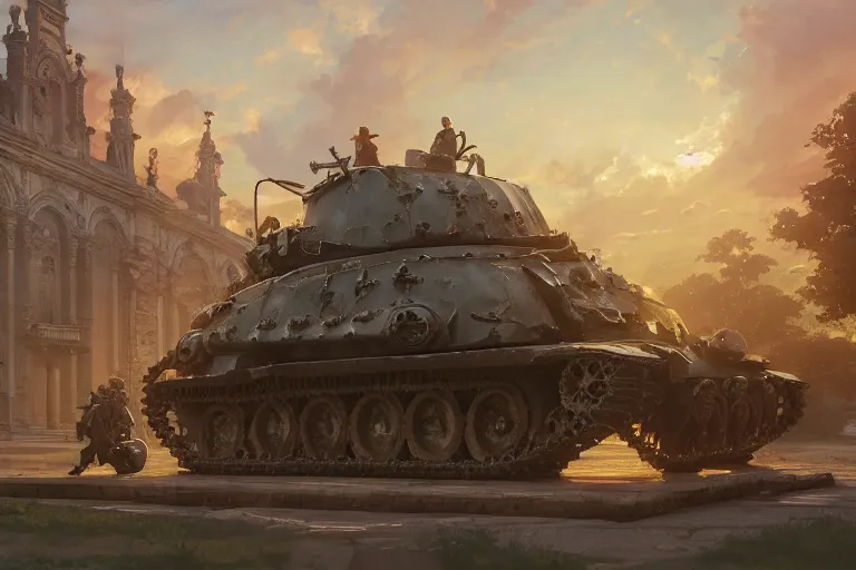 Image similar to an ornate baroque church built on top of a tank. scene in an open field. key visual, conceptart, ambient lighting, highly detailed, digital painting, artstation, concept art, sharp focus, by makoto shinkai and akihiko yoshida and greg manchess