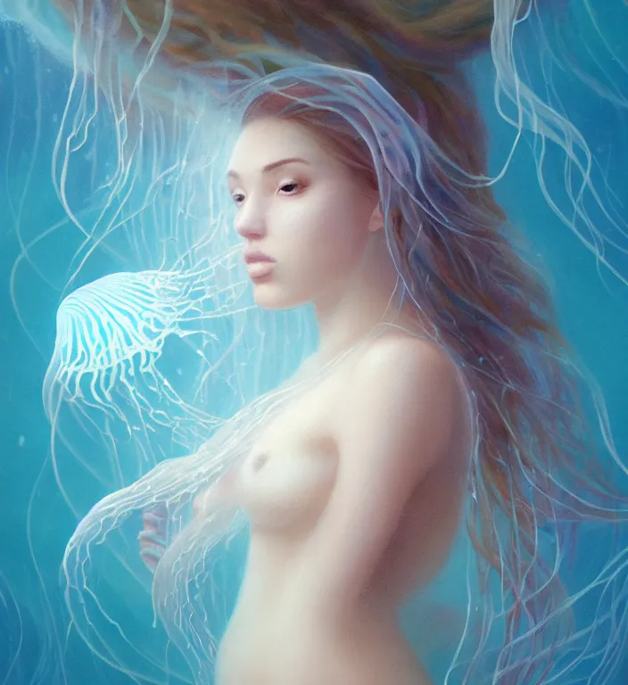 Image similar to underwater portrait of a goddess mermaid with (reaction diffusion) scaled fish skin Bioluminescent phoenix jellyfish, Her breath shot a haze of steam out into the frosty morning air concept, soft light, soft mood, realistic body features and face, illustration,intricate ornament halo, painting oil on canvas by Elena Zhurikhina and Goro Fujita and Charlie Bowater, octane render trending on artstation, 4k, 8k, HD
