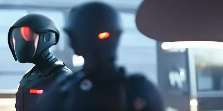 Image similar to still frame from a movie, medium shot of an anxious tom holland in a swat suit on the left, urban, rule of third, alexa 65, cooke prime 50mm, cinematic, film grain, flare