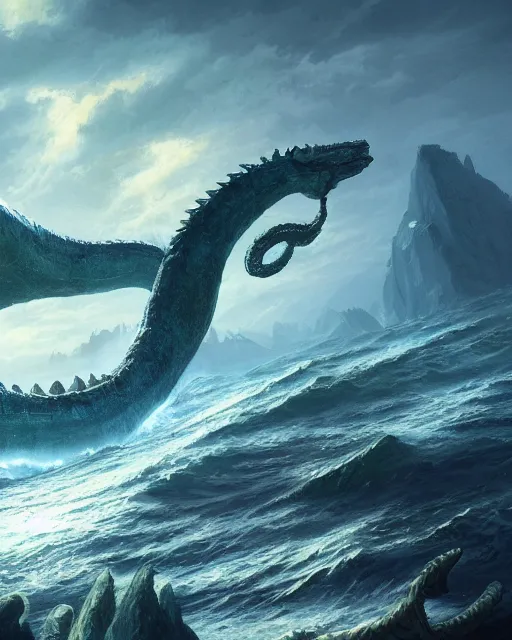 Image similar to A monstrous giant sea serpent in the middle of the sea, fantasy art, in the style of greg rutkowski, illustration, epic, fantasy, intricate, hyper detailed, artstation, concept art, smooth, sharp focus, ray tracing