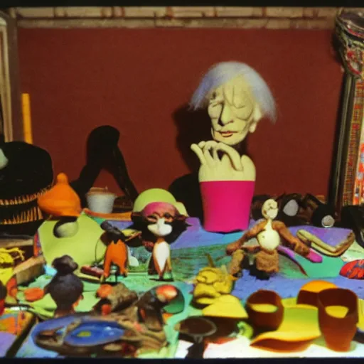 Prompt: a claymation film still of anthropomorphic object / collection / ethnographic museum / claymation by andy warhol