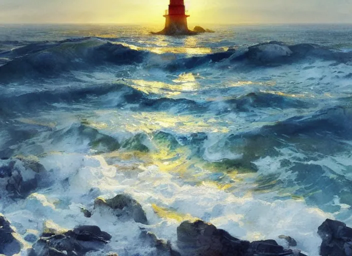 Image similar to abstract watercolor painting of wild wavy ocean, oak trees, rocky shore, sunshine, bold lighthouse in horizon, art by anders zorn, wonderful masterpiece by greg rutkowski, beautiful cinematic light, american romanticism by greg manchess, creation by tyler edlin