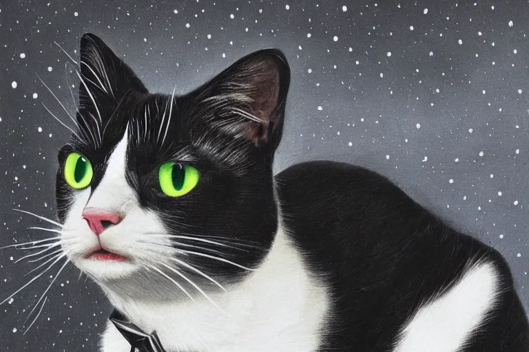 Image similar to a portrait of a beautiful black and white cat in space wearing a tuxedo with colorful bright green eyes, medium shot, hd, 8k, hyper-realism, detailed,